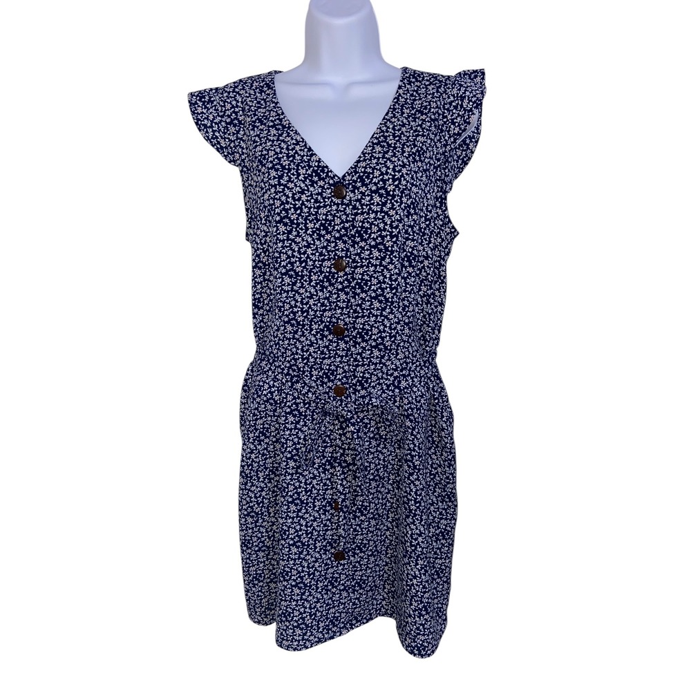 Monteau Floral Print Dress Ruffle Sleeve Button Front Casual Summer Dress L